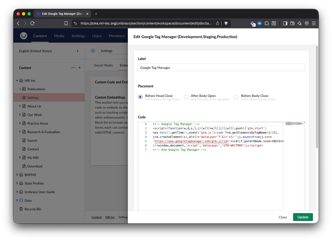 The Google Tag Manager embed block open for editing, showing Placement set to Before Head Close and the GTM container snippet with container ID GTM-WKCTMW9 in the code field.