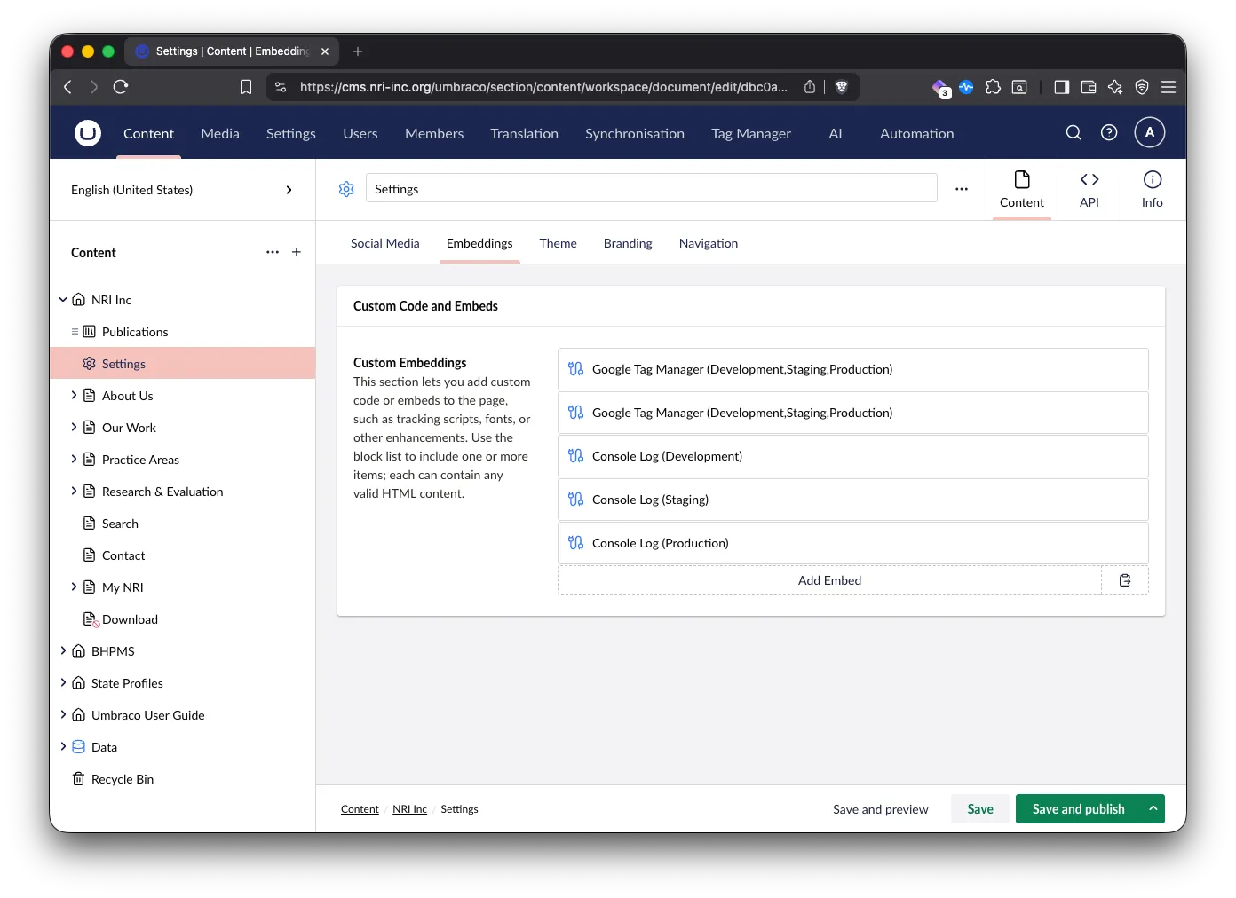 The Umbraco Settings node for NRI Inc, showing the Embeddings tab with a Custom Embeddings block list containing two Google Tag Manager entries and three Console Log entries.