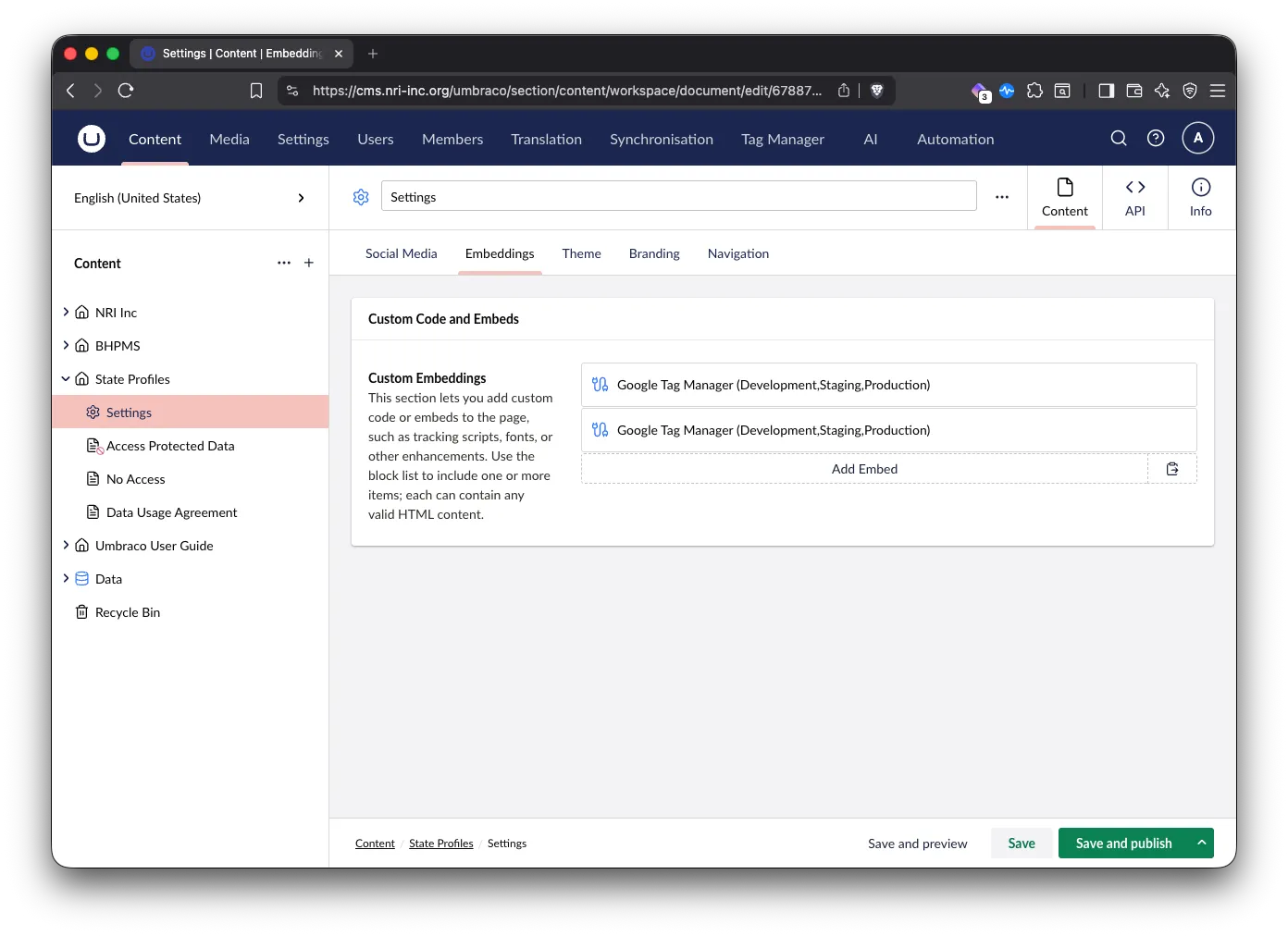 The Umbraco content tree with State Profiles expanded, showing its own Settings node with two Google Tag Manager embeds in the Embeddings tab.